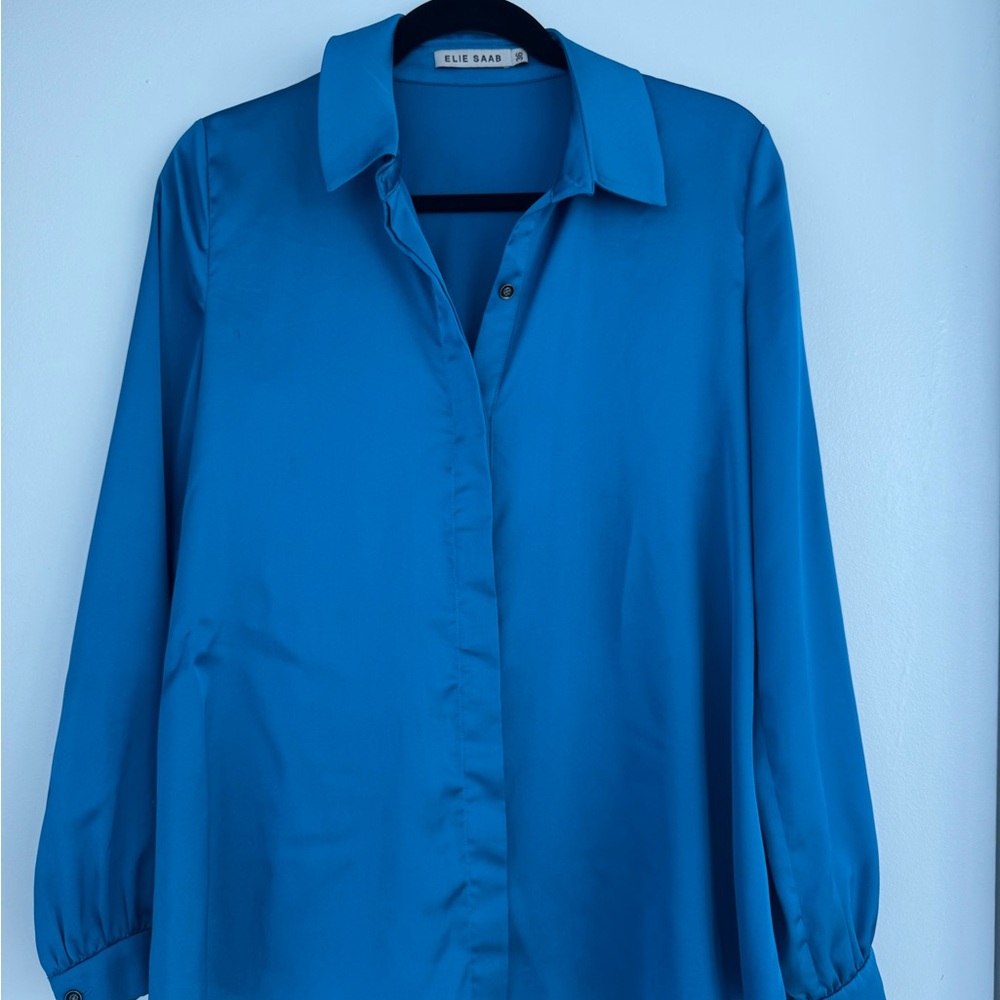 Elie Saab Blue Long Sleeve Button Down Silk Shirt